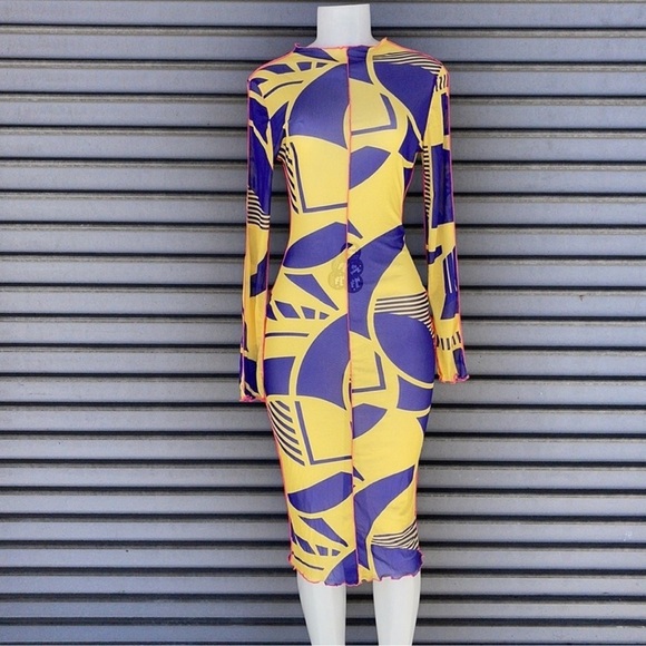 Fashion Nova Yellow and Purple Geometric Dress Mesh Dress Long Sleeve Size L - Picture 2 of 9